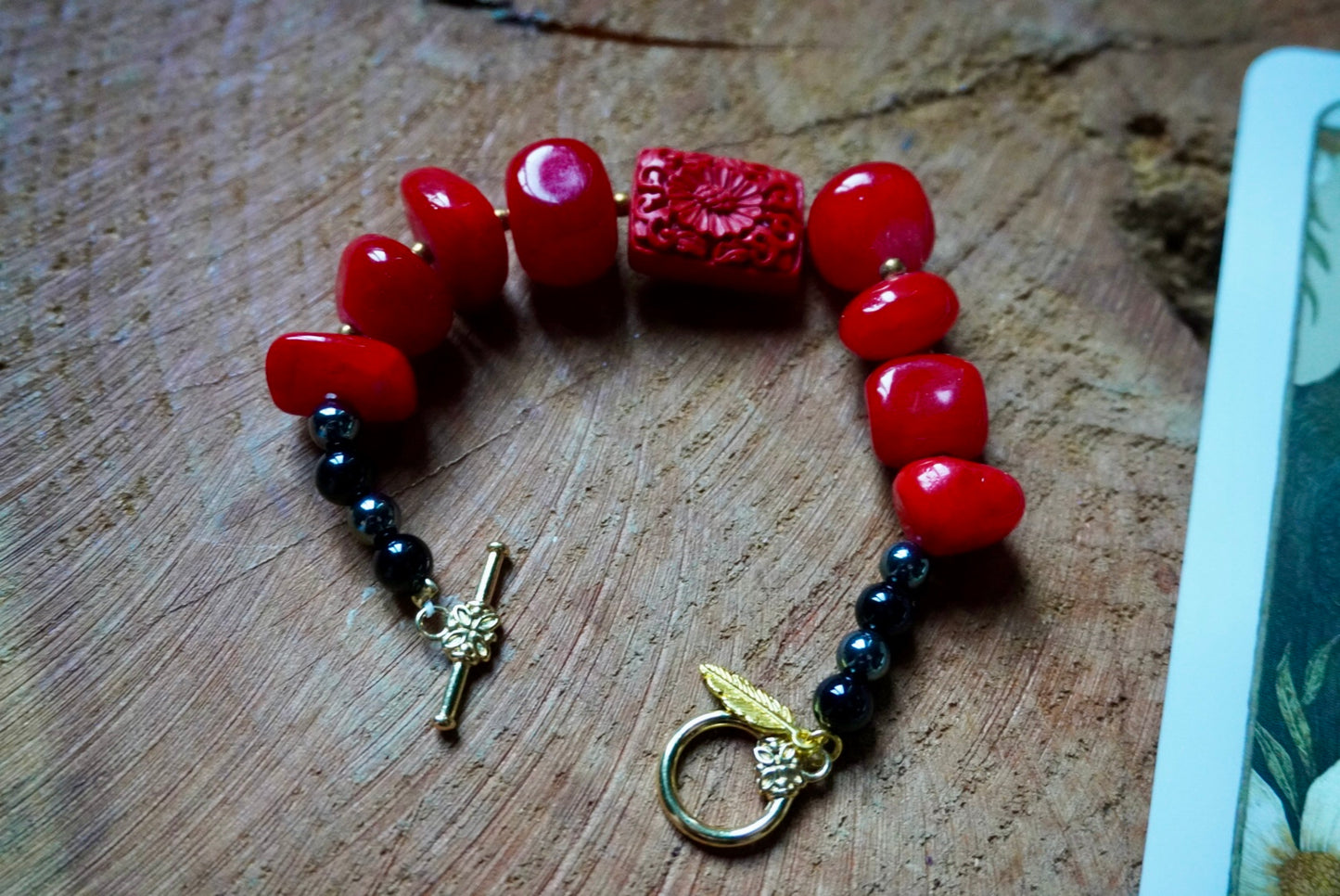 Crimson Lantern Festival Bracelet | Stainless Steel Toggle | Intention Jewelry
