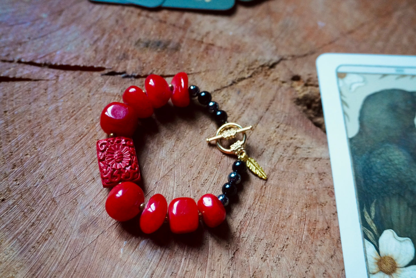 Crimson Lantern Festival Bracelet | Stainless Steel Toggle | Intention Jewelry